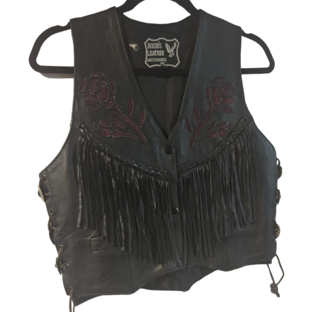 AMAZING Vintage Biker's Leather vest with purple rose inlay